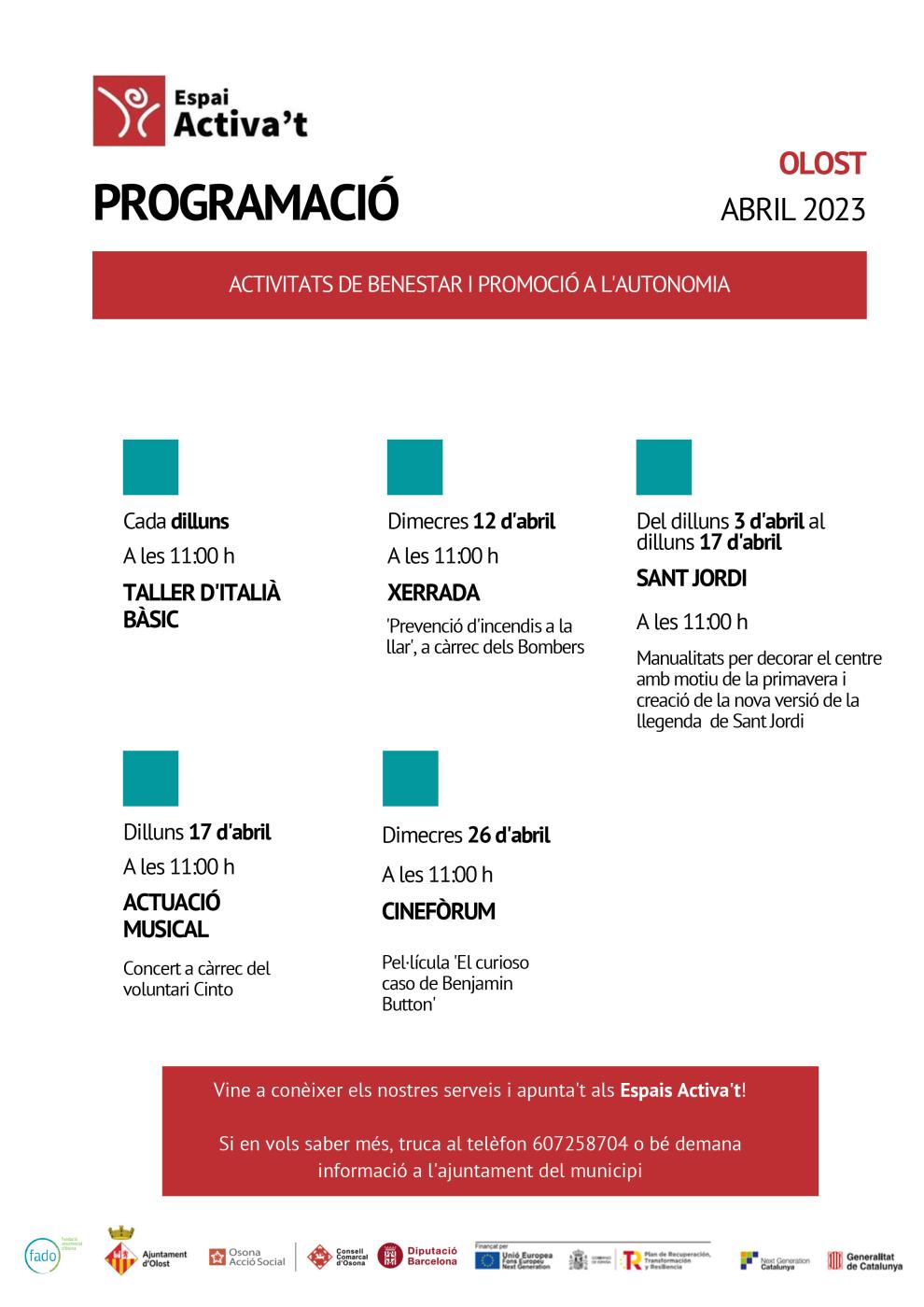 Activitats del mes d'abril a l'Espai Activa't